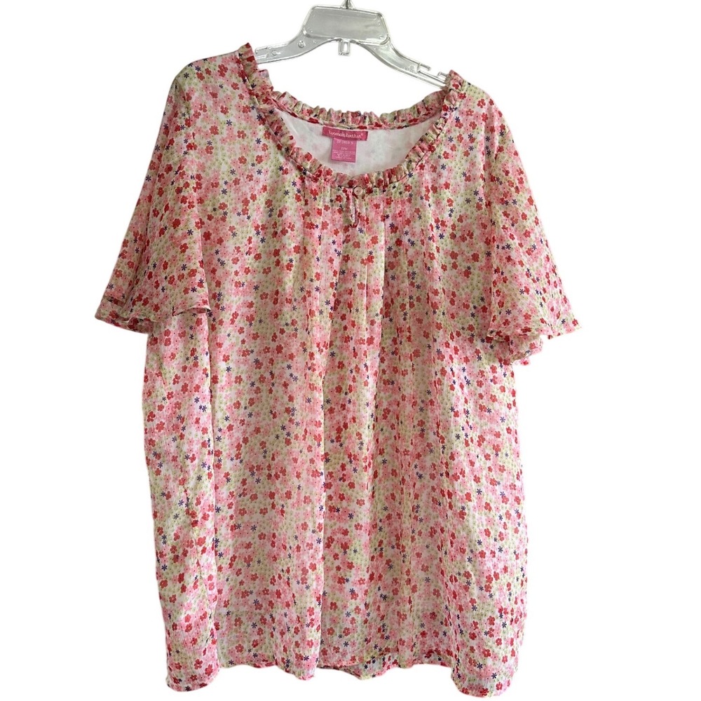 Woman Within Pink Floral Ruffle Neck Blouse 22W Short Flutter Sleeve Cottagecore